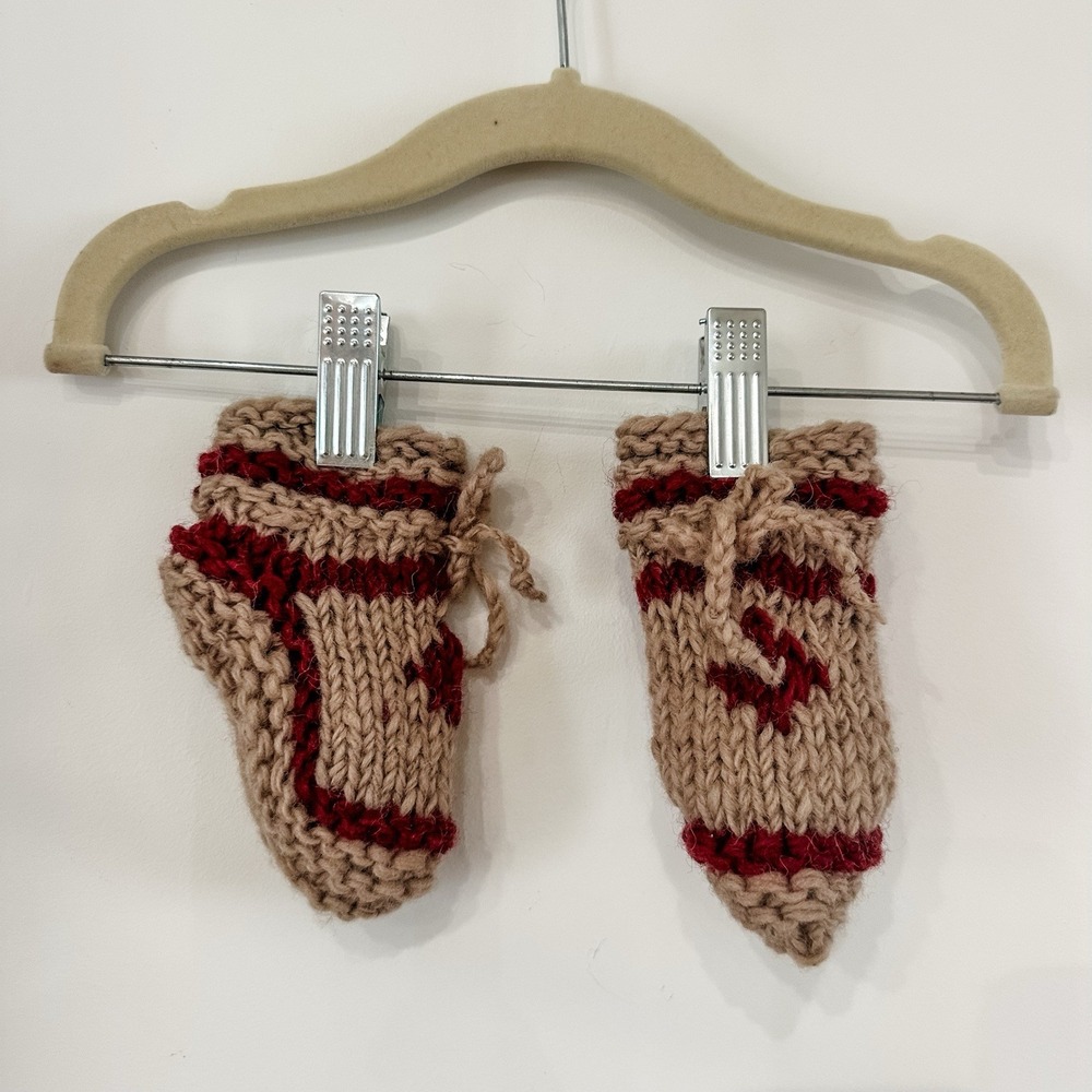 Knit Baby Booties 6-12 Mos Beige Burgundy Maple Leaf Lined Booties Handmade Wool